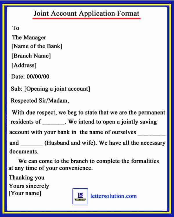 joint account opening application letter